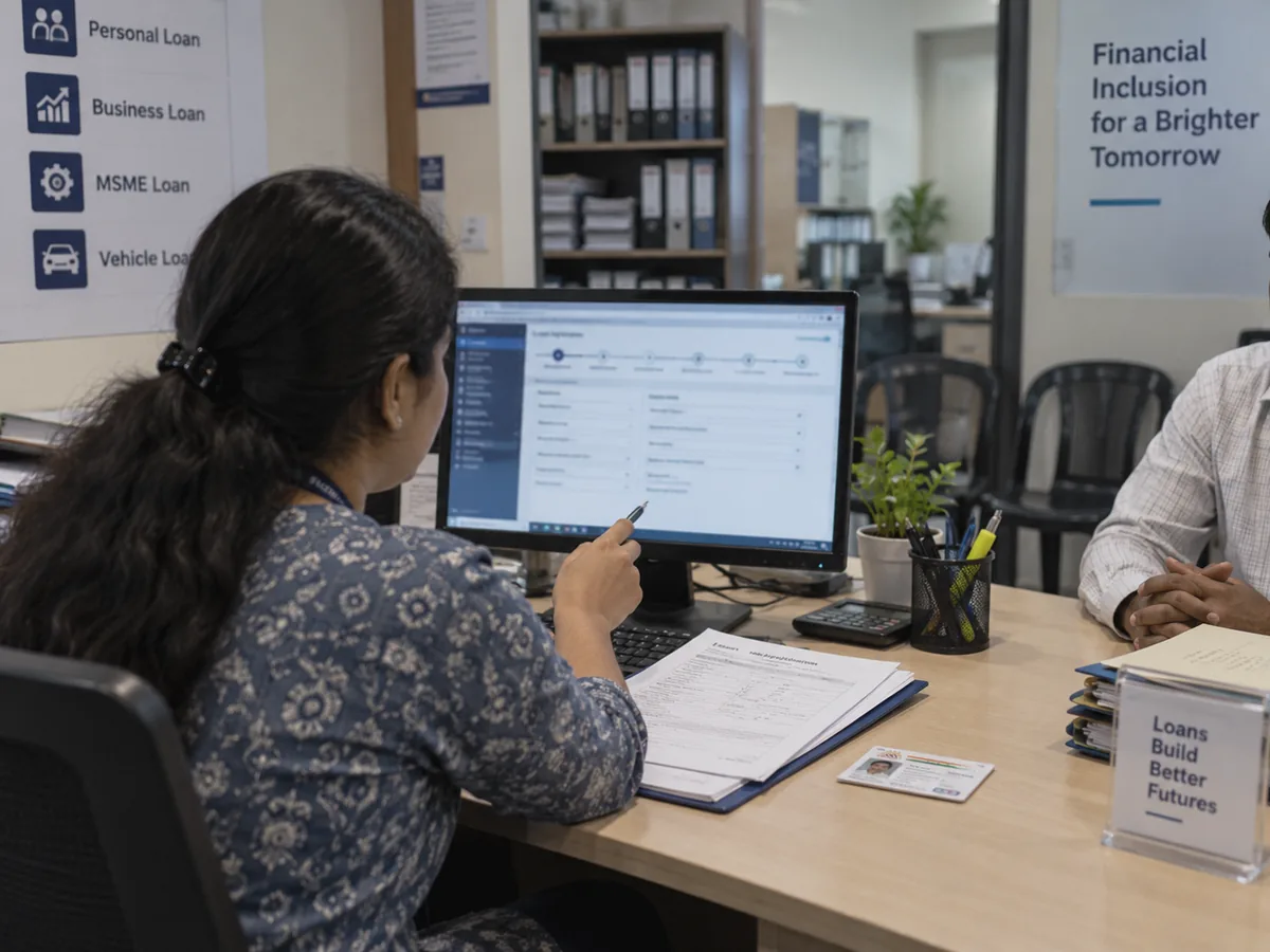 Loan officer taking an application at an NBFC branch desk